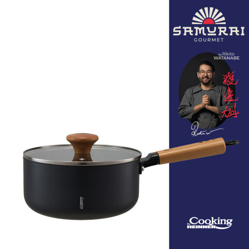 Oala cu capac, Samurai Gourmet by Rikito Watanabe si Cooking by Heinner, 20x9.5 cm, 2.7 L, aluminiu, negru/natur