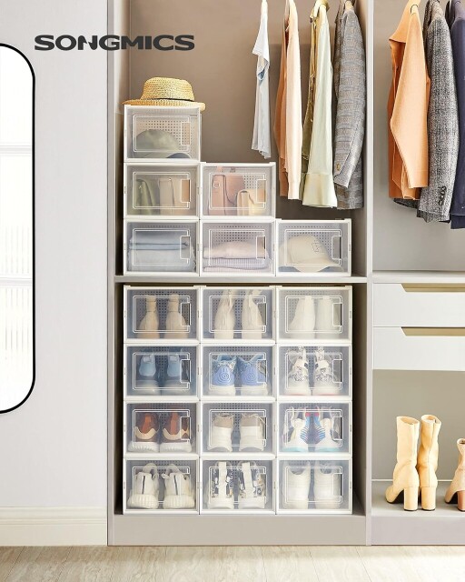 Set 18 cutii de pantofi, Songmics, 35x25x18.5 cm, polipropilena, transparent/alb