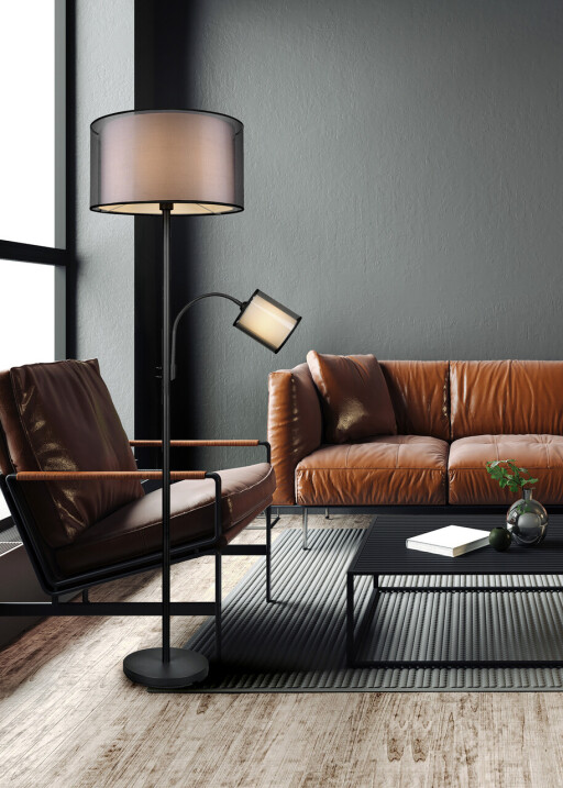 Lampadar Burton, TRIO, 45x170 cm, 60W/40W, 1x E27, 1x E14, metal, negru mat