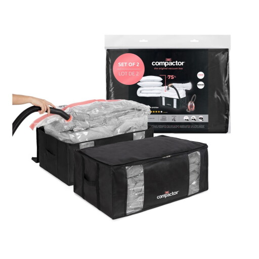 Cutii de depozitare pentru haine 2 buc. din material textil cu vacuum/cu pereți întăriți 65x45x27 cm Black Edition – Compactor