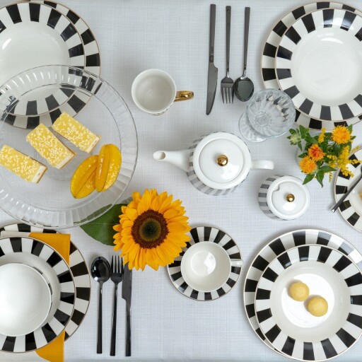 Serviciu de masa 18 piese, Ribs, Ambition, portelan, alb/negru