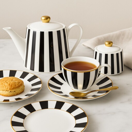 Set ceai / cafea 12 piese, Ribs, Ambition, 200 ml, portelan, alb/negru