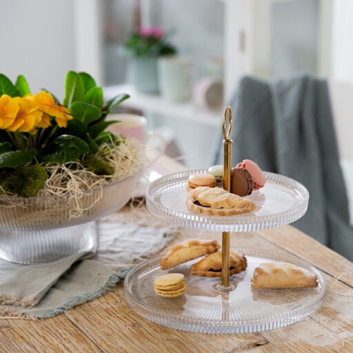 Suport prajituri cu 2 nivele Curly, Ambition, 19 cm/24 cm, otel/sticla, argintiu/transparent