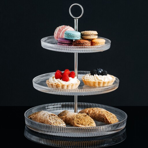 Suport prajituri cu 3 etaje Curly, Ambition, 19 cm/24 cm/29 cm, otel/sticla, argintiu/transparent