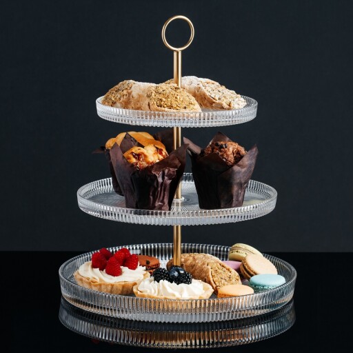 Suport prajituri cu 3 etaje Curly, Ambition, 19 cm/24 cm/29 cm, otel/sticla, auriu/transparent