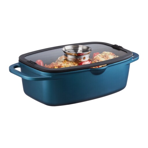 Tava cu capac Azzurro, Ambition, 32x21x11 cm, 6 L, aluminiu, albastru/negru