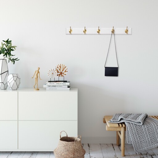 Cuier de perete din lemn, Daisetta, ASK-005, 65x7x8 cm, Lemn, Alb/Auriu