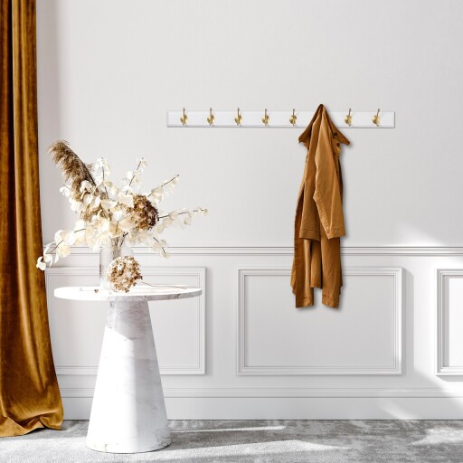 Cuier de perete din lemn, Daisetta, ASK-007, 100x7x8 cm, Lemn, Alb/Auriu