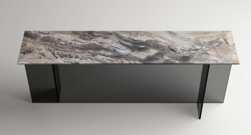 Masa consola Tonelli Design Sestante Stone  design Emilio Nanni  120x40cm  h 73cm  baza sticla Fume  top marmura Arabescato Orobico Gold
