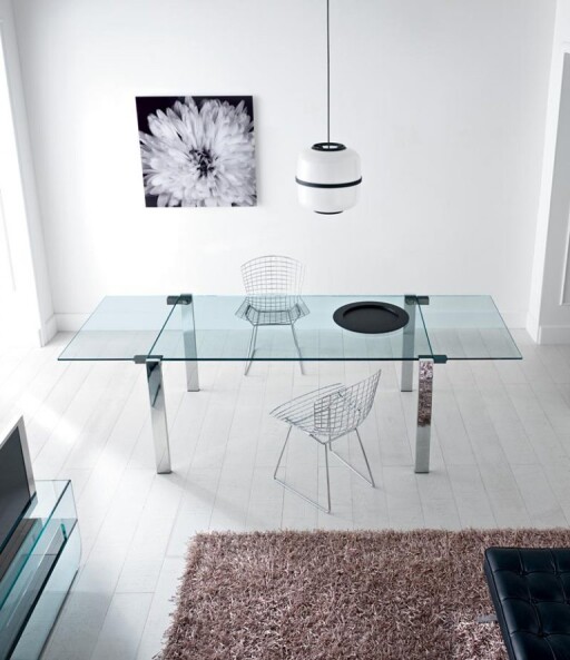 Masa extensibila Tonelli Design Livingstone A  design Giulio Mancini  120-210x90cm  h 74cm  picioare crom  sticla transparenta