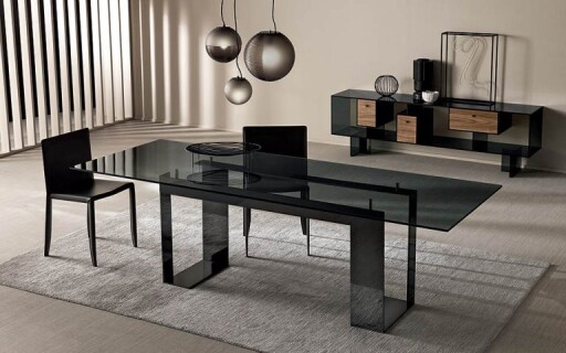 Masa Tonelli Design Miles  design Giulio Mancini  200x100cm  h 74cm  baza negru lacuit  top sticla Fume