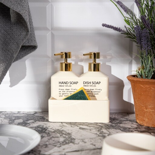 Set 2 dozatoare sapun/detergent lichid Ebro, Homla, 18x16 cm, ceramica, crem/auriu