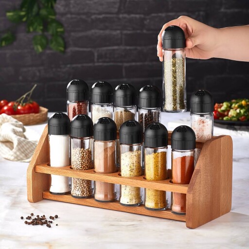 Set 12 recipiente pentru depozitare UPT00917S, Forsberg, sticla/lemn