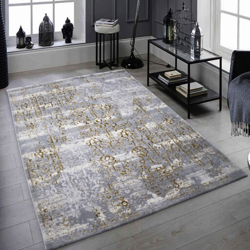 Covor, HE18 , 200x290 cm, Polipropilena, Gri / Alb / Auriu