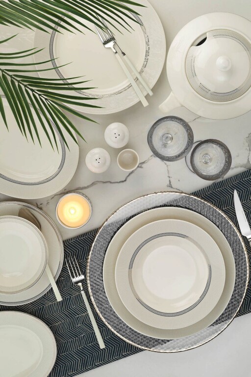 Serviciu de masa 62 piese BNKL62YT43012054, Kutahya Porselen, portelan, alb/argintiu