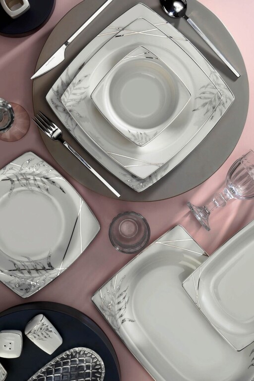 Serviciu de masa 62 piese BNMR62YT430122626, Kutahya Porselen, portelan, alb/argintiu