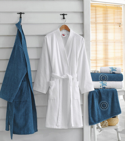 Set de baie Family, Cotton Box, Nakışlı Aile, Bumbac, Albastru/Alb