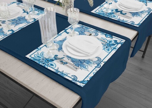 Set suporturi pentru farfurie, Mia, 742TMA7790, Poliester, Albastru/Alb