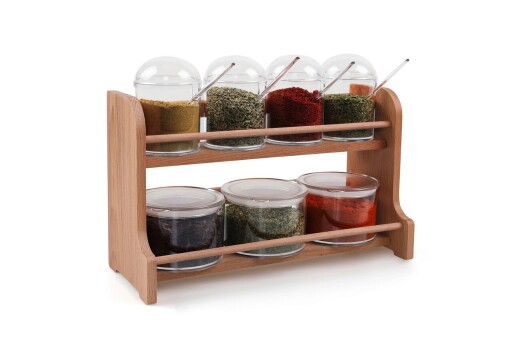 Set recipiente pentru condimente cu suport, Plasberg, 619PLS1115, Plastic, Maro/Transparent