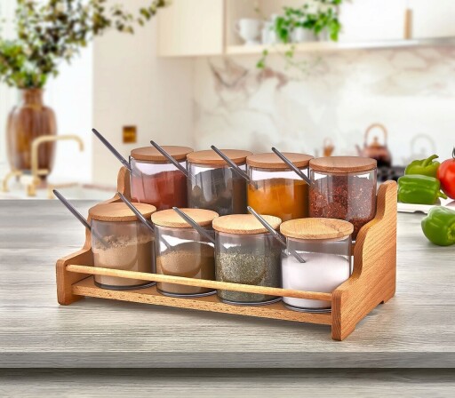 Set recipiente pentru condimente cu suport, Plasberg, 619PLS1106, Plastic, Maro/Mov