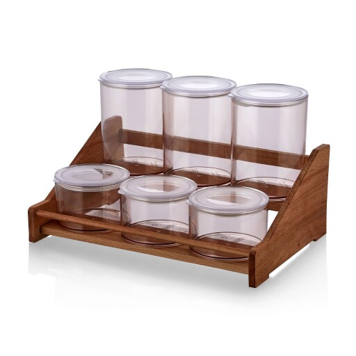Set recipiente pentru condimente cu suport, Hermia, 619PLS1123, Dishwasher - safe / Microwave - not safe / BPA Free, Maro/Transparent