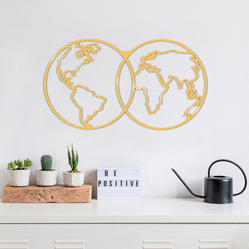 Decoratiune de perete, World Map Metal Decor, Metal, Dimensiune: 60 x 34 cm, Auriu
