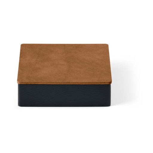 Cutie de depozitare neagră-în culoare naturală din lemn și din piele ecologică cu capac, decorativă 11x11x3,5 cm Square Nupo – LIND DNA