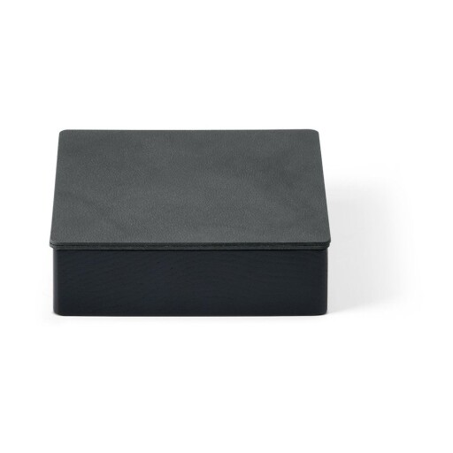 Cutie de depozitare neagră-gri antracit din lemn și din piele ecologică cu capac, decorativă 11x11x3,5 cm Square Nupo – LIND DNA