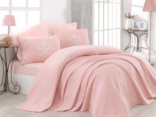 Set cuvertura de pat dubla, EnLora Home, Pure Powder, 4 piese, 100% bumbac, roz