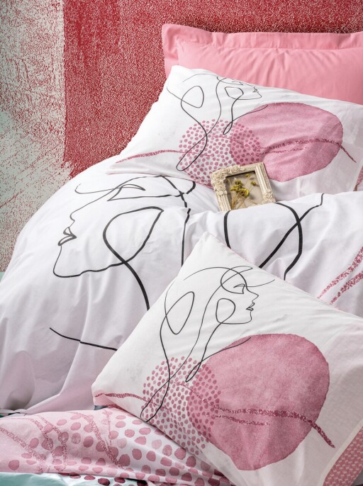 Lenjerie de pat dubla, 4 piese, 200x220 cm, 100% bumbac ranforce, Cotton Box, Senora, roz pudra