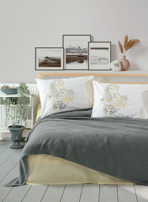 Set cuvertura de pat dubla Pique, 4 piese, 220x240 cm, 100% bumbac, Cotton Box, Lori, antracit