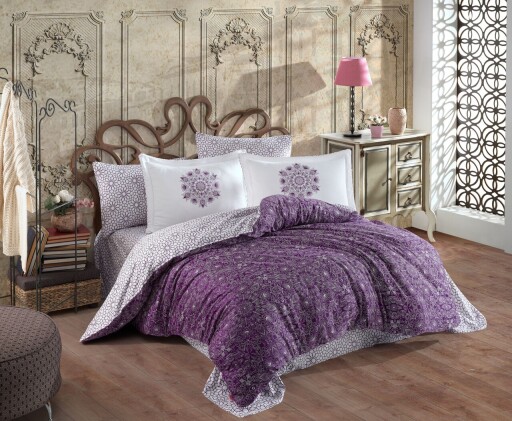 Lenjerie de pat dubla, L&#039;essentiel Maison, Marcella, Liliac / Alb