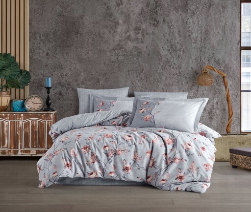 Lenjerie de pat dubla 4 piese, L&#039;essentiel Maison, Benita, Gri