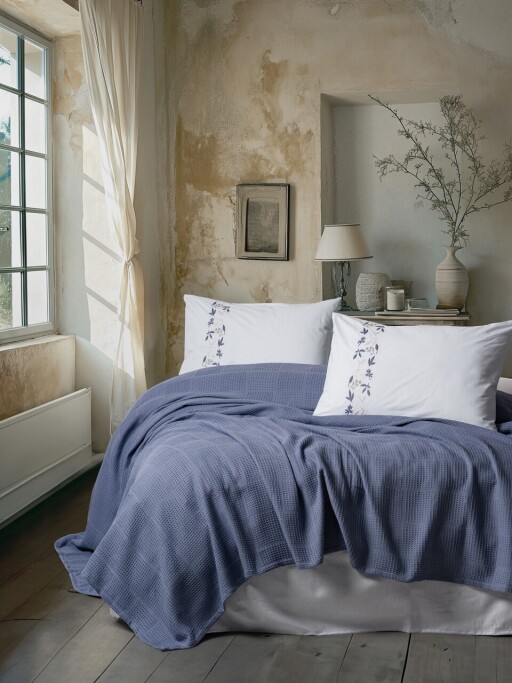 Set cuvertura pique dubla, L&#039;essentiel Maison, Cora, Albastru indigo