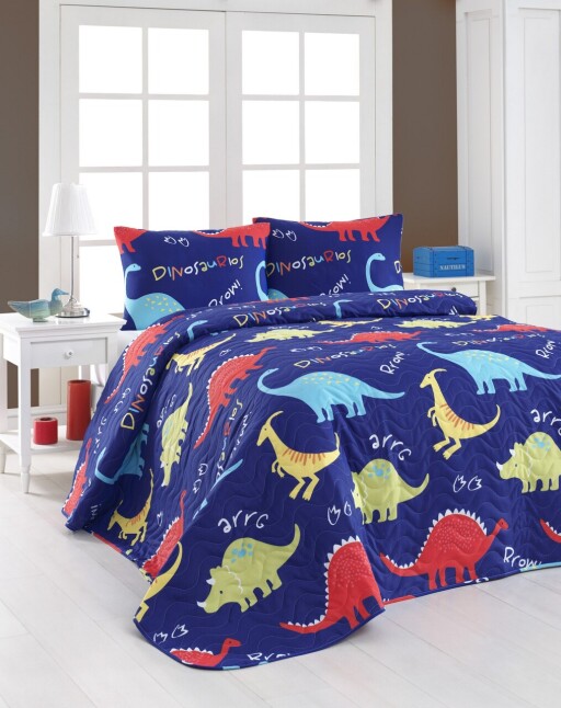 Set cuvertura matlasata dubla 3 piese, L&#039;essentiel Maison, Dinazorus, 65% bumbac/35% poliester , Albastru / Roșu / Galben