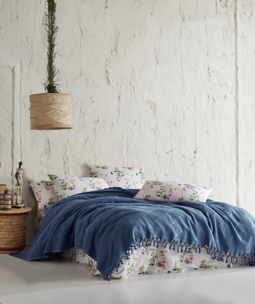 Set cuvertura pique dubla, L&#039;essentiel Maison, Mona v2, Albastru inchis