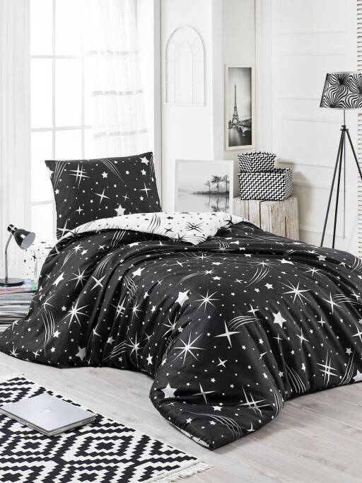 Lenjerie de pat pentru o persoana, L&#039;essentiel Maison, Halley, 65% bumbac/35% poliester, Alb/Negru