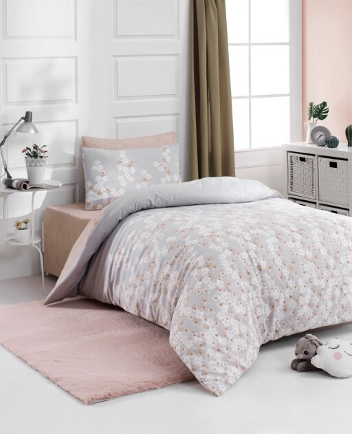 Lenjerie de pat pentru o persoana, L&#039;essentiel Maison, Piti Yaprak, 65% bumbac/35% poliester, Roz prafuit