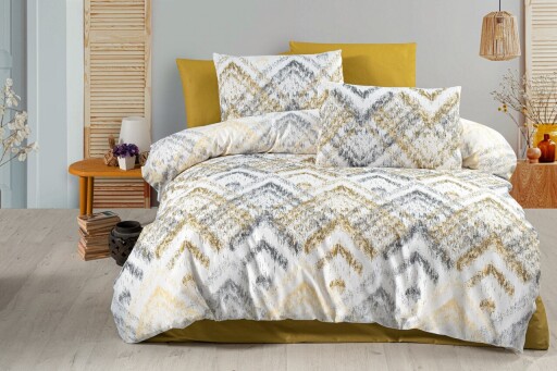 Lenjerie de pat dubla, L&#039;essentiel Maison, Aurora, Muștar / Crem / Gri