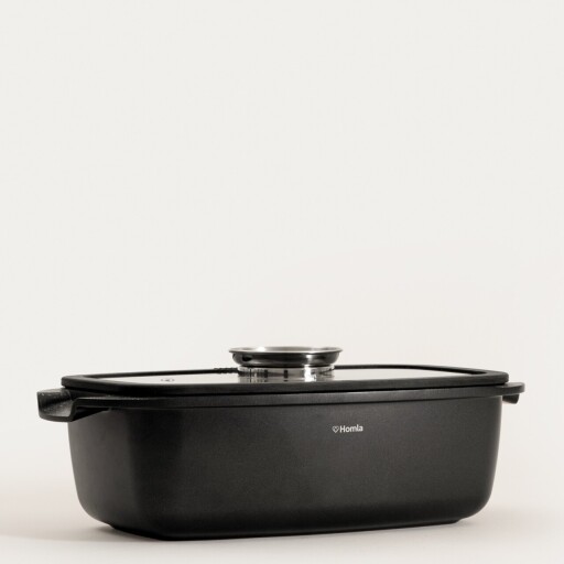 Tava cu capac Darren, Homla, 32x22x10.5 cm, 4 L, aluminiu/sticla/silicon, negru
