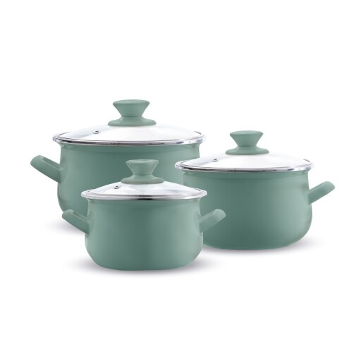 Set oale emailate 6 piese, Emalia Olkusz, 16 cm/18 cm/20 cm, 2 L/2.8 L/3.2 L, otel/sticla, verde