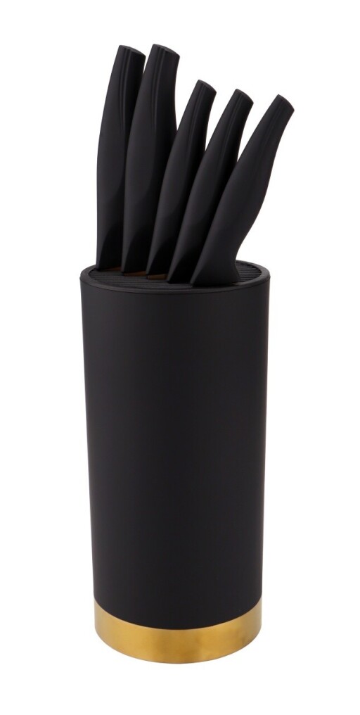 Set 5 cutite si suport Royal, Ambition, 16x11.5x36 cm, otel, negru/auriu