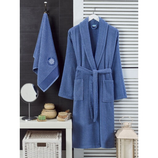 Set halat de baie și prosop albastru S/M din bumbac – Mila Home