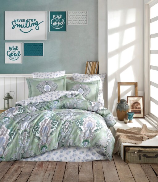 Lenjerie de pat dubla Super King (EU) (IT), 3 piese, L'essentiel Maison, Mavarova, Mentă / Verde / Alb