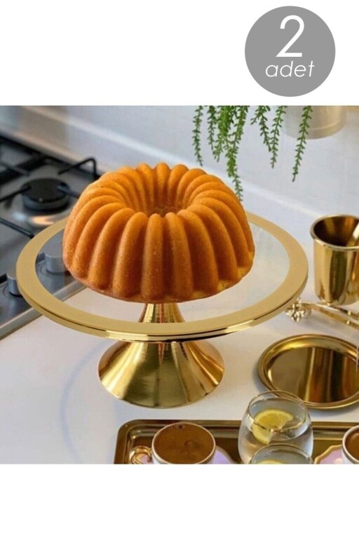 Set 2 platouri pentru prajituri Pst 2 - Gold, Kosova, 30x30x14 cm, sticla/metal, auriu