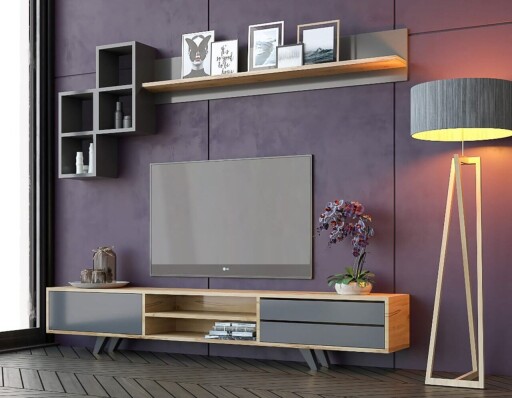Comoda TV, Hanah Home, Rb-046, 180x45x40 cm, Antracit / Stejar