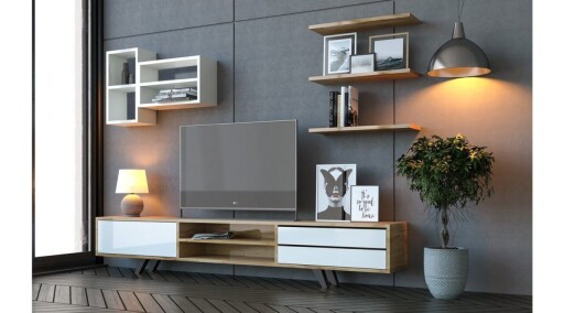 Comoda TV, Hanah Home, Rb-065, 180x45x40 cm, Alb / Stejar