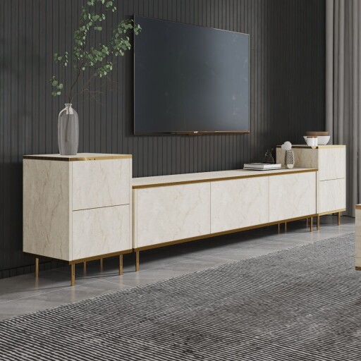 Comoda TV, Hanah Home, Imaj, 180x45.2x35 cm, Travertin / Auriu