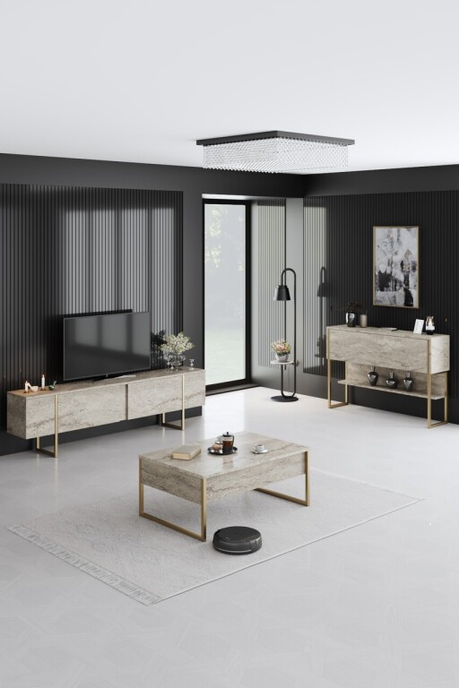 Set mobilier living, Hanah Home, Luxe Set, Travertin / Auriu
