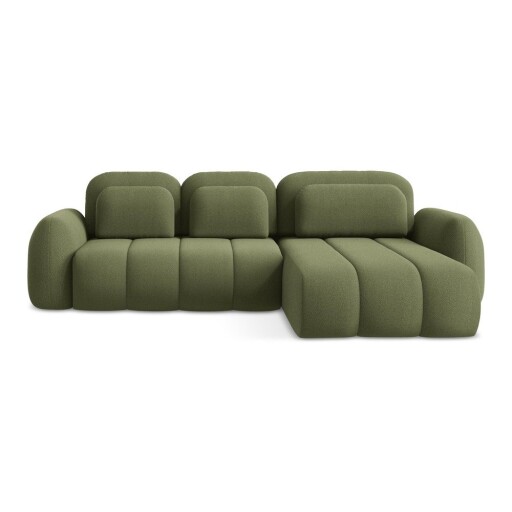 Colțar verde extensibil/cu spațiu de depozitare cu tapițerie din țesătură bouclé (cu colț pe partea dreaptă/cu șezlong) Pele – Makamii